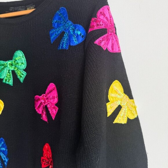 Vintage Smart Set Black Colourful Bow Sequin Holiday Sweater S - Picture 5 of 8